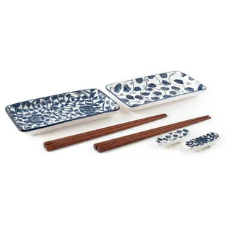 H&H Packung mit 8 Sushi Tsubaki aus dekoriertem Porzellan, 2 rechteckige Teller 18 x 9,5 cm, 2 Paar Essstäbchen aus Holz, 2 Stäbchen aus Porzellan, Mikrowelle und Spülmaschine