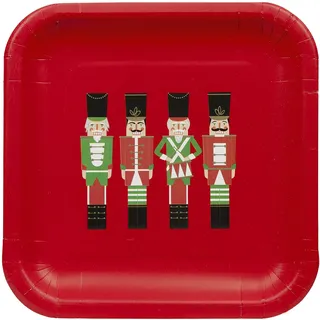 Talking Tables Pappteller mit Nussknacker-Motiv, rot, quadratisch, starke Haptik, Einweg-Servierplatten, recycelbar, Geschirr-Dekorationen, 12 Stück