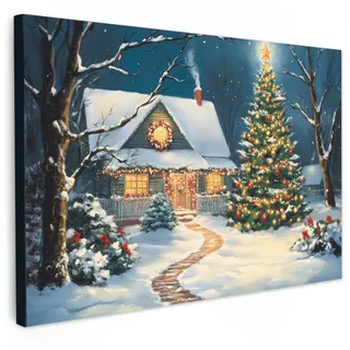 MuchoWow Leinwandbild Weihnachten - Weihnachtsbaum - Winter - Zuhause - Schnee Wanddeko 90x60 cm , Smaragdgrün , Textil , Kiefer , Rechteckig , 90x60 cm , FSC 100% , gerahmt , Bilder & Rahmen, Bilder, Leinwandbilder