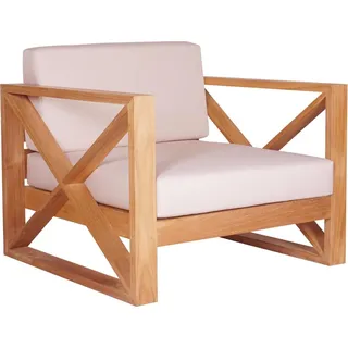 Teako Design Loungesessel Teakholz Molveno mit Armlehnen und Sitzkissen – Wetterfester Massivholz-Sessel für Garten, Terrasse & Balkon - Beige