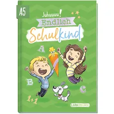 Endlich Schulkind! A5 Erinnerungsbuch zur Einschulung "Grün" Hardcover Einschulungsalbum Schulanfang Geschenk für die Schultüte, erster Schultag - nachhaltig & klimafreundlich