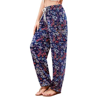 QIANXIZHAN Damen Boho Palazzo Hose Freizeithose, 6 dunkelblaue Blumen, XXL