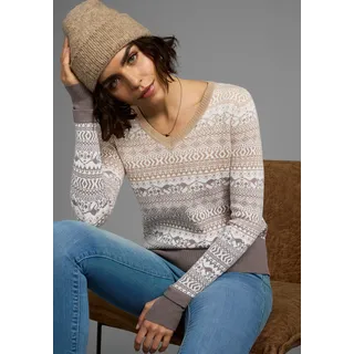 Jacquardpullover KANGAROOS, Damen, Gr. 44/46, grau (sanftes weiß, taupe, gemustert), Feinstrick, Obermaterial: 50% Baumwolle, 50% Polyacryl, gemustert, figurbetont hüftlang, V-Ausschnitt, Rippbündchen mit Daumenlöchern, Pullover Jacquardpullover, im Norweger-Muster mit kleinen Kängurus
