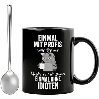 GZRXIOU 350 ml Tasse Einmal mit Profis Arbeiten war früher, Lustige Tasse Arbeit mit Spruch, Kaffeetasse Büro Humor Schwarz Keramik mit 13 cm Löffel, Geschenke für Kollegen, Geeignet Jungen, Mädchen