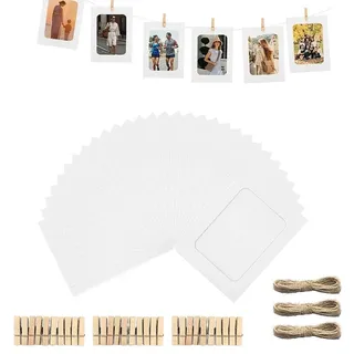 ROEOWENE 30pcs Fotorahmen Papier Weiß Bilderrahmen Pappe zum Aufhängen DIY Kreative Kraftpapier Bilderrahmen Hängende Wanddekoration Karton Bilderrahmen mit 30 Klammern 3 Schnur für 15x10cm Foto