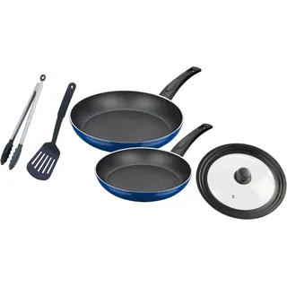 GSW Pfannen-Set »Dream Line« Aluminium Set, je 1 Pfanne 24/28cm, 1 Deckel 24-28cm, 1 Pfannenwender, 1 Multizange, 5 Stk. tlg. Antihaft-Versiegelung, Wabenboden, Induktion, blau