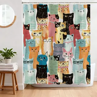 BREASOME Duschvorhang 180x180 cm Anti-Schimmel Duschvorhang Lustig Katze Stoff Polyester Wasserdicht Badewanne Vorhang mit Ösen und 12 Haken
