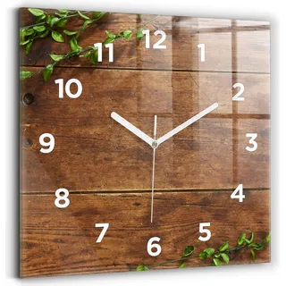 Wallfluent Wanduhr – Stilles Quarzuhrwerk - Uhr Dekoration Wohnzimmer Schlafzimmer Küche - Zifferblatt - weiße Zeiger - 30x30 cm - Rustikales Holz - Braun