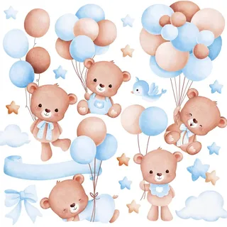 Muralo Wandsticker Teddybären Ballons Sterne Wolken 60x30 , Braun, Beige , Papier , Tiere, Märchen/ Fantasie , Rechteckig , 60x30x1 cm , Tapeten & Wandverkleidungen, Wandtattoos & Sticker, Wandtattoos