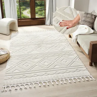 Teppich OTTO HOME "Bonvo" Gr. 3, beige (creme), B:120cm H:19mm L:180cm, Kunstfaser, Teppiche, Teppich, mit Fransen, Hoch-Tief-Struktur, Wohnzimmer, Schlafzimmer, Boho-Style