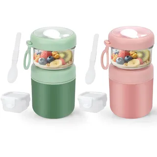 GEEKHOM 2er-Set Müslibecher To Go Edelstahl 530ml+330ml Joghurt und Müsli To Go Becher Klein Bpa Frei Thermisch - Mit Löffel & Soßenbox, Ideal Für Arbeit, Schule, Picknick (Grün+Rosa)