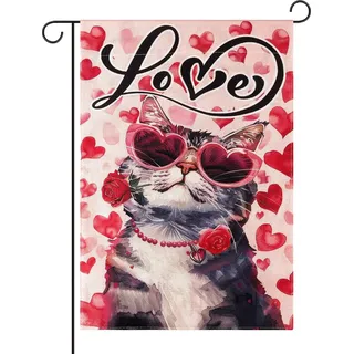 Valentinstag Gartenflagge - Katze mit rosa Sonnenbrille - 45,5x31cm - Dekoration für draußen - Gartenaccessoires für Valentinstag