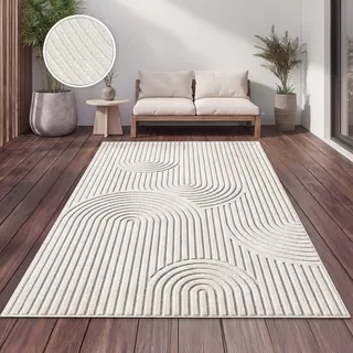 Outdoor Teppich Wetterfest Wohnzimmer Balkon Boho Skandi Design Regenbogen Creme Grösse 60x100 cm - Creme