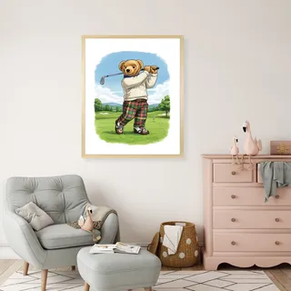 Bild mit Rahmen QUEENCE "Vintage Teddy Bär in Golf Club", braun (farbe rahmen: beige, farbe bild(er): blau), B:40cm H:50cm T:1,5cm, Acrylglas, Holzrahmen, Bilder, Bild mit Rahmen, HD Premium Poster-Druck inkl. Echtholzrahmen in beige
