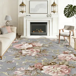 WQMMD Waschbarer Teppich Wohnzimmer 140x210 cm - Boho Rosa Blumen & Blätter Muster, Vintage Kurzflor Teppich rutschfest, Weicher Kunst-Kaschmir Läufer für Schlafzimmer, Küche, Flur & Bauernhaus