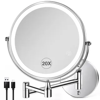 VORREMIRR LED Kosmetikspiegel, 20-fache Vergrößerung, Wandmontage, USB-Aufladbar, Doppelseitig mit Beleuchtung, Chrom