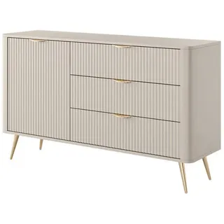 Ravio Sideboard Flore 138 cm Beige / Gold - mit 3 Schubladen und 1 Tür - Riffel-Optik , Beige, Gelb , Holzwerkstoff, Metall, Holz , Rechteckig , 138x81x38 cm , Kleinmöbel, Kommoden, Sideboards