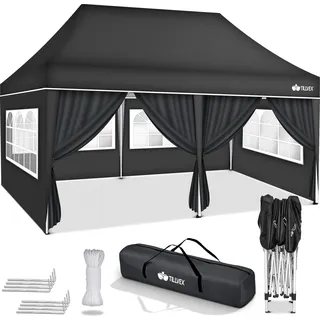 tillvex Pavillon 3x6m - mit 6 Seitenwänden Anthrazit wasserdicht | Pop-Up Faltpavillon höhenverstellbar | Gartenzelt UV Schutz 50+ | Partyzelt mit Tasche für Garten - Dunkelgrau