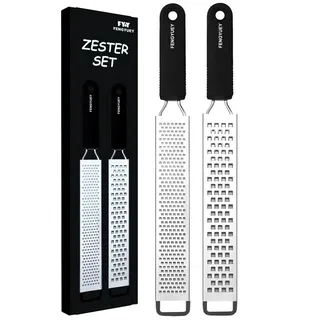 FENGYUEY Zester Reibe [Original] - Käsereibe, Parmesanreibe, Zitronenreibe, Küchenreibe, Muskatreibe | Rutschfester Silikongriff, Edelstahl Klinge mit Schutzhülle, Spülmaschinenfest | 2 Stück, Schwarz