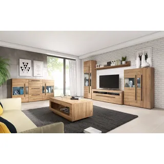 Wohnzimmer Set inkl. Wohnwand Sideboard und Couchtisch TURDA-83 in Eiche Grandson Nb. mit LED Beleuchtung, B/H/T: ca. 320/104/50 cm - Braun