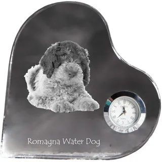 Romagnaischer Wasserhund - Kristalluhr mit einem Hundebild, Herzregal-Uhr, personalisierte Standuhr der Marke Art-Dog - Transparent
