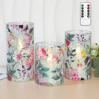 Silverstro Flammenlose Kerzen mit Fernbedienung Timer, rosa Rose und Flieder Muster LED Glaskerzen, batteriebetrieben für Home Party Hochzeit Weihnachten Frühling Valentinstag Dekor 3 Stück
