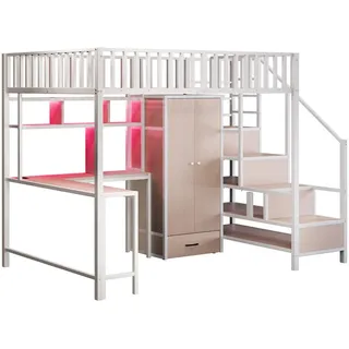Stilvora Hochbett 140/200 cm in Weiß mit Schreibtisch, Kleiderschrank, Schubladen, Regal, LED und USB Metall , Metall, Holzwerkstoff , 5 Fächer , 140x200 cm , Babymöbel & Kindermöbel, Kinderzimmer & Jugendzimmer, Kinderbetten, Hochbetten