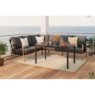 Ambia Garden Dining-Loungeset , Naturfarben, Dunkelgrau , Metall, Glas, Textil , 4-teilig , Füllung: Schaumstoff, Polyester,Polyester , links montierbar, rechts montierbar , 265.5x80x205.5 cm , rostfrei, wetterbeständig, wetterfest , Gartenmöbel, Gartengarnituren, Gartenmöbel-Sets