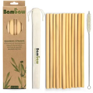 Bambaw Bambus Strohhalme 22 cm, 12er-Pack, Strohhalme Wiederverwendbar, Cocktail Strohhalme, Strohhalme Ohne Plastic, Inklusive Reinigungsbürste und Einzelnem Aufbewahrungsbeutel