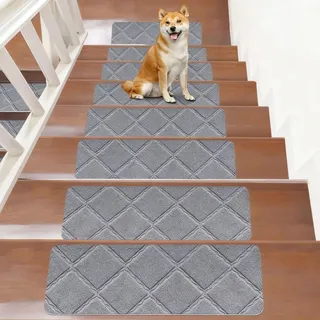 15 Stück Treppenstufen Matten, 55 x 19cm Anti Rutsch Stufenmatten Selbstklebend Innen, Maschinenwaschbare Treppenteppich Selbstklebend Stufenteppich für Kinder, Älteste und Haustiere (Grau)