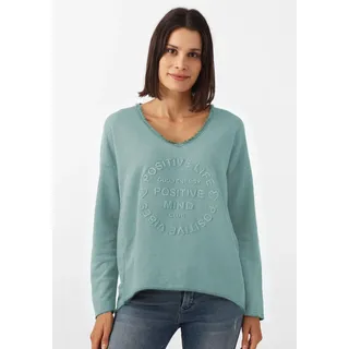 Zwillingsherz "Positive Mind", ausgefranster V-Ausschnitt, Used Look, Langarm, Schriftzug