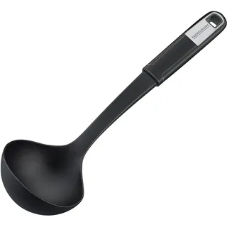 Fackelmann Schöpflöffel 31 cm SENSE, Suppenkelle mit Funktionsteil aus Kunststoff, rutschfester Soft-Touch-Griff, für beschichtete Pfannen und Töpfe (Farbe: Silber/Schwarz), Menge: 1 Stück