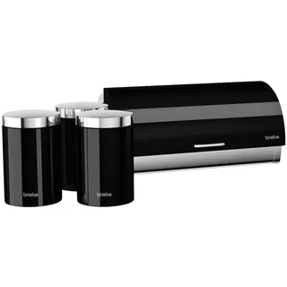 Briebe Set aus Brotkasten +3 Küchenvorratsdosen Edelstahl, Brot- und Brötchenbehälter, Schiebedeckel, modernes Design, Bread Box, Schwarz/Edelstahl