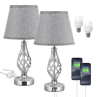 Kakanuo Nachttischlampe Touch Dimmbar, Tischlampe 2er Set mit Ladefunktion USB A+C-Anschlüsse 2 LED-Birnen, Grauer Lampenschirm Metallfuß, Moderne Tischleuchte für Deko Wohnzimmer Schlafzimmer Büro