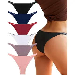 FIENTOO Damen Unterwäsche Baumwolle High Cut String Bikini Panties Stretch Low Rise Hipster Damen Sexy Freche Unterwäsche, Packung mit 6 Stück, X-Large