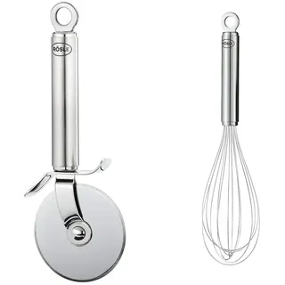 RÖSLE Pizza- und Flammkuchenschneider, Hochwertiges Pizzamesser mit stabilem Rad & Schneebesen, hochwertiger Rührbesen mit schmalem Griff, Edelstahl 18/10, Spülmaschinengeeignet, Länge 27 cm