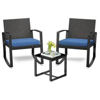 Bealife Poly Rattan Sitzgruppe 3 St, Gartenmöbel Set 2 Personen, Gartenmöbel Set, Balkonmöbel Sitzgarnitur mit Auflagen Blau (1 Tisch + 2 Stühle) - Blau