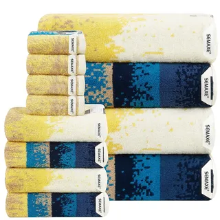 SEMAXE Handtuch-Set 12-teilig, 3 Größen, Blau-Gelb-Verlauf, 100% Baumwolle | 4 Duschtücher 70 × 140 cm, 4 Handtücher 40 × 70 cm, 4 Waschlappen 33 × 33 cm – OEKO-TEX STANDARD 100, mit Aufhängeschlaufe