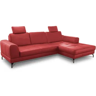 CAVADORE Ledergarnitur Benda / Großes Ecksofa mit XL-Longchair rechts & Federkern / Inkl. Sitztiefenverstellung & Kopfstützen / 284 x 87 x 175 / Echtleder: Rot