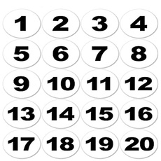 Runde Zahlenaufkleber - Nummern 1-20, 50mm, weiß/schwarz