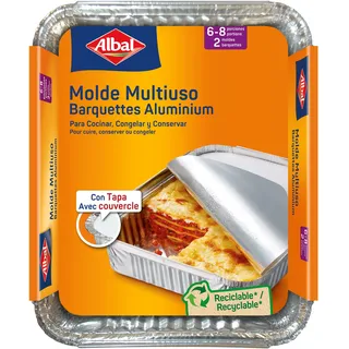 Albal Aluminiumformen 32 x 26 x 5 Zentimeter mit Deckel | Einweg | Braten, Einfrieren und Konservieren | 6-8 Portionen | 2 Formen, Aluminium, Silber, 32x26 cm (Paquete de 1)