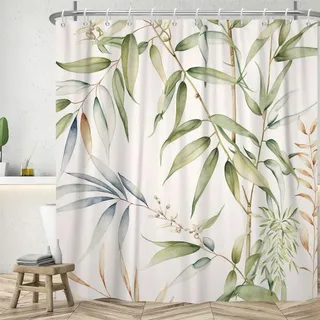 Uiiooazy Duschvorhang 180x200cm, Duschvorhang Anti Schimmel Bambus Grüne Blätter Blau Gelb Pflanzenmotiv Duschvorhänge Stoff Waschbar Wasserdicht Polyester Bad Vorhang mit 12 Haken für Badezimmer