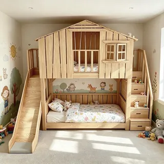 Hausbett Hochbett Spielbett Etagenbett Kinderbett 1500x2000mm Rutschen+Stufen mit Stauraum Birkenholz farbe /SW-150/ - Braun
