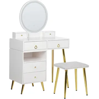 Beliani Schminktisch mit rundem LED-Spiegel Hocker 6 Schubladen weiß/gold Yves , Weiß, Goldfarben, Grau , Holzwerkstoff , 98x133x38 cm , Schlafzimmer, Schminktische