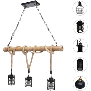 Pendelleuchte HWC-H82, Hängelampe Hängeleuchte, Industrial Vintage Bambus Seil Metall schwarz ~ 3x K