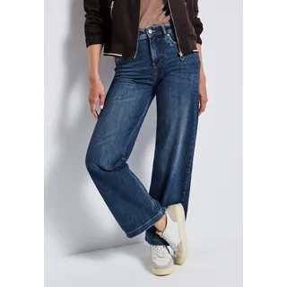Weite Jeans STREET ONE "QR Denim-Wide Leg", Damen, Gr. 30, Länge 30, blau (mid blau soft washed), Denim/Jeans, Obermaterial: 79% Baumwolle, 15% Polyester (REPREVE), 4% Elastomultiester, 2% Elasthan, unifarben, loose fit lang, Jeans Weite Jeans, mit Stretch, Topseller