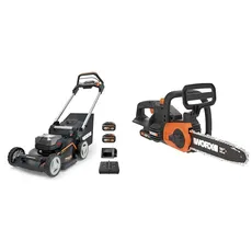 WORX WG749E Akku Rasenmäher 40V (2x20V) PowerShare & WG322E.1 Akku Kettensäge 20V –​​ Praktische Holzsäge