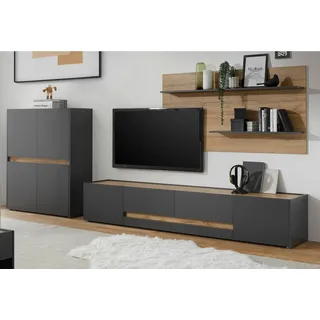 furn.design Wohnwand 3-teilig grau matt, Eiche Wotan 343 cm, Schrankwand mit mit XL-TV-Schrank , Grau, Eiche Wotan , Kunststoff , Nachbildung,Eiche , Uni, Holz Optik , 2 Schubladen , 360x180x45 cm , Wohnzimmer, Wohnwände