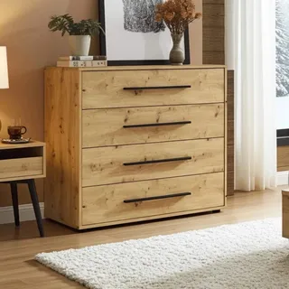 Modena K4SZ Kommode 100 cm – moderne Kommode mit 4 großen Schubladen, funktionaler Stauraumschrank für Wohnzimmer, Schlafzimmer, Jugendzimmer und Büro (Artisan Eiche) - Braun