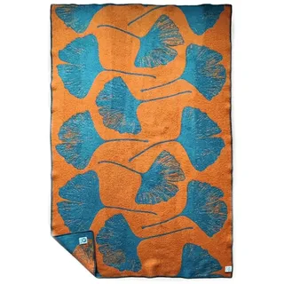 JOWOLLINA Wolldecke Plaid aus Norwegischer Wolle 130x200 cm, Ginkgo Ginger Petrol